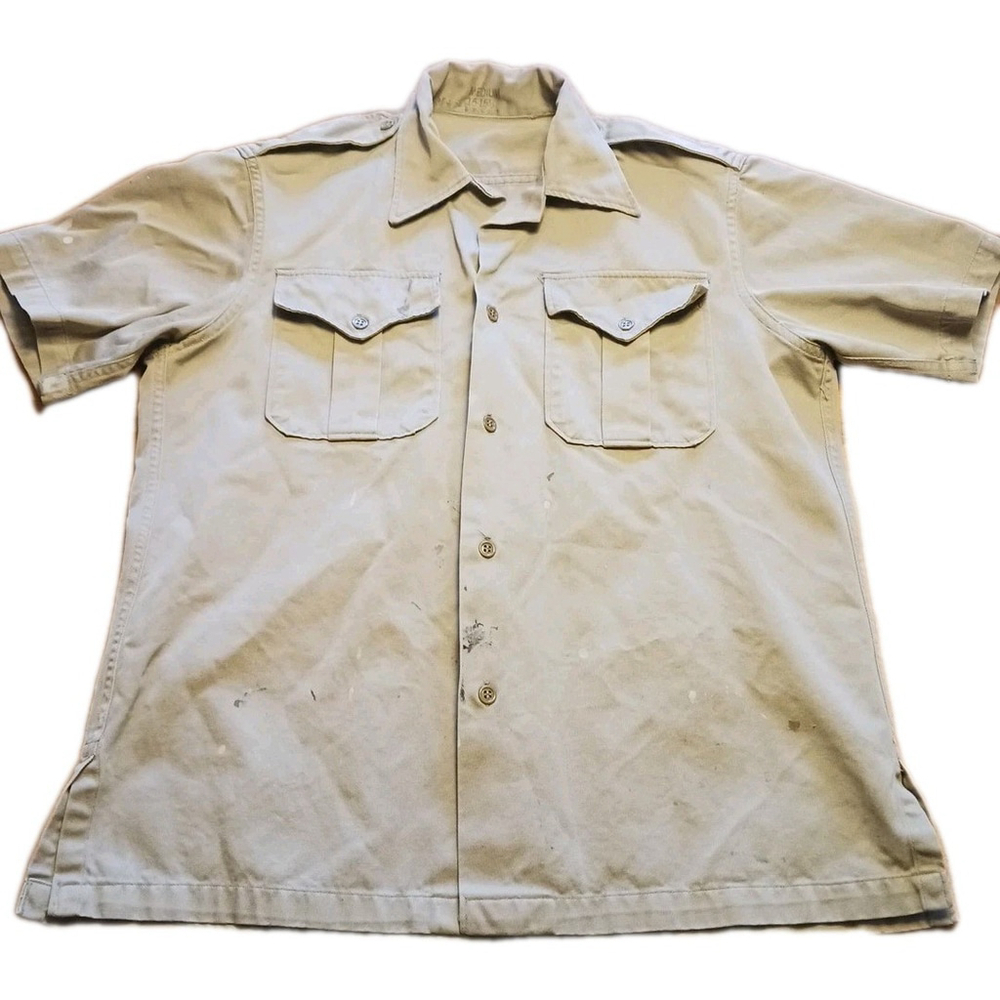 Mens Khaki Canvas Button Up Short Sleeve Shirt Medium